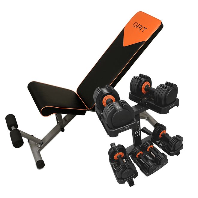 GRIT Complete home gym set of adjustable dumbbels, stand and bench