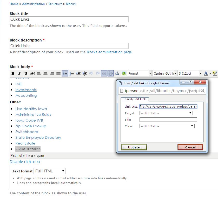 Windows file path format for link in a Configure Block > Block Body