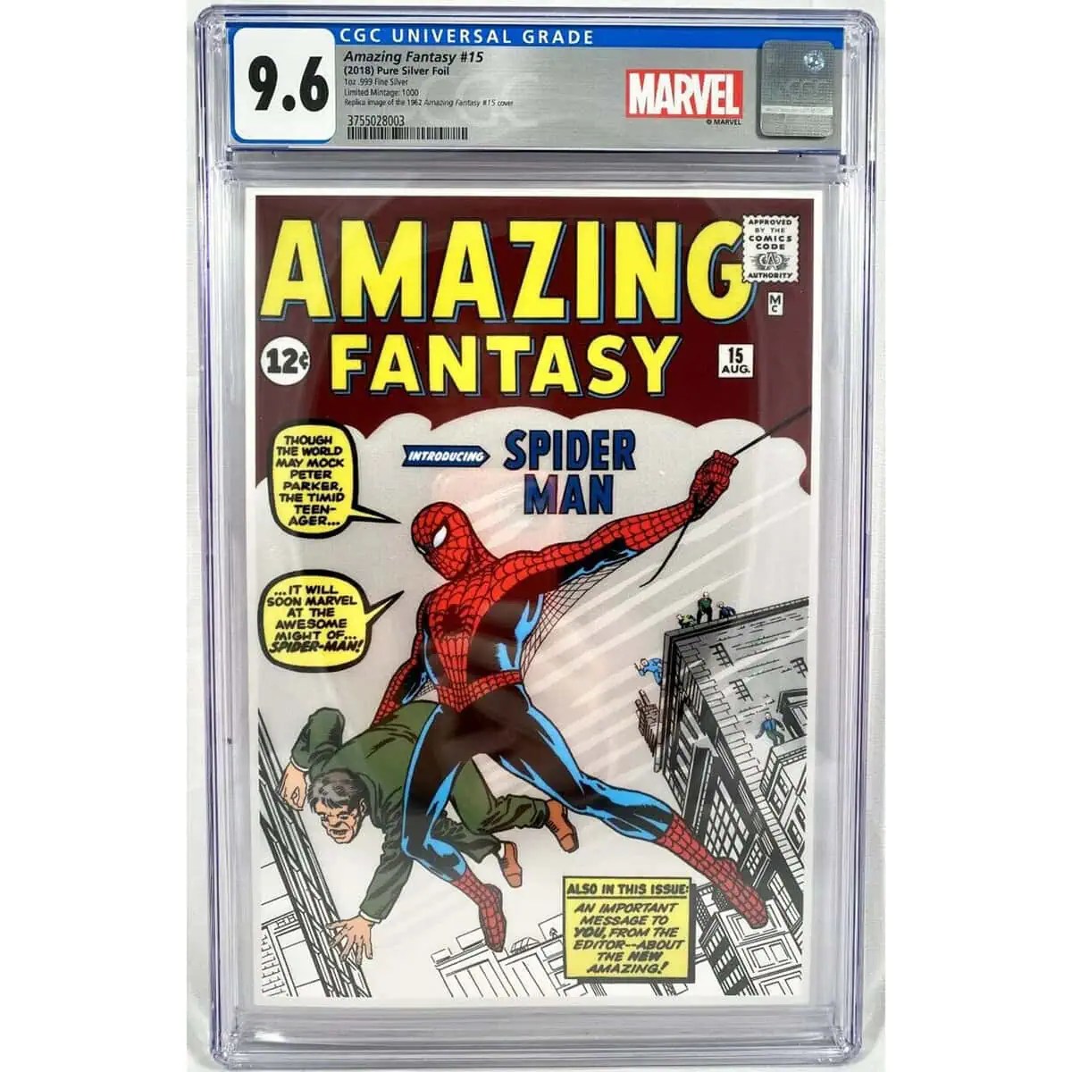 2018 Amazing Fantasy 15 SpiderMan Comic 1 oz Silver Foil Cover CGC 9.6