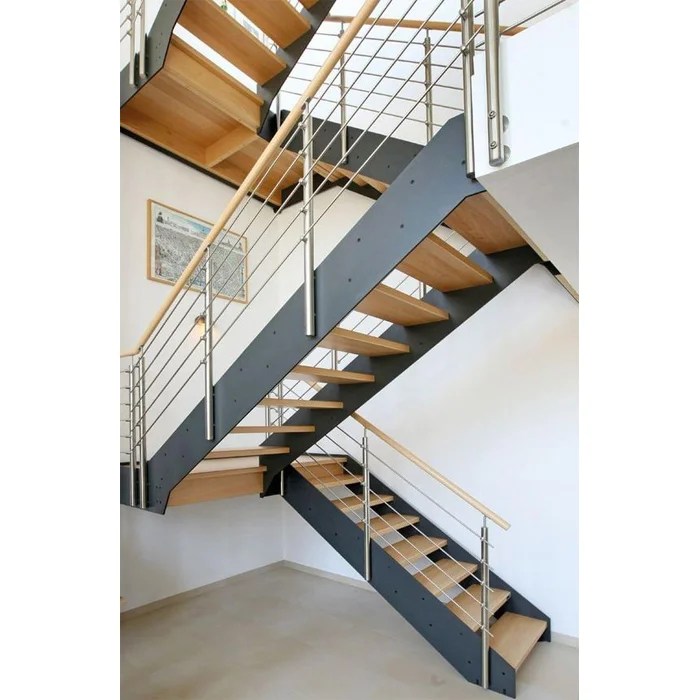 Steel Plate Stringer Straight Staircase Wood Steps Rod Railing GRTSS11