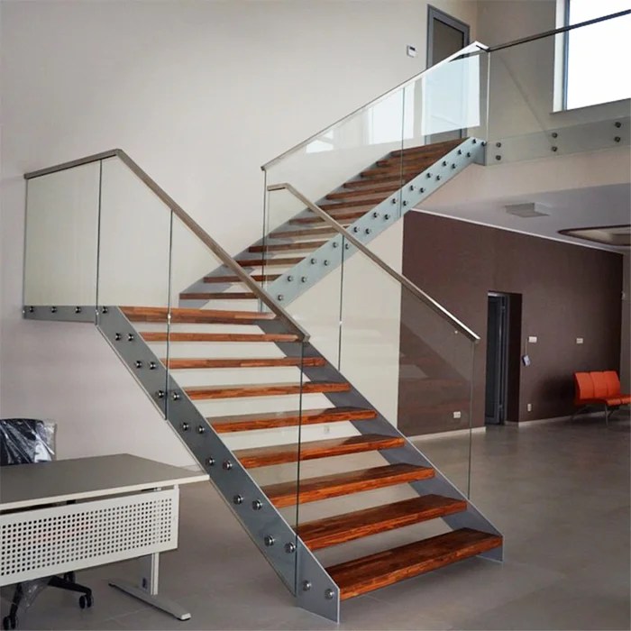 Single Steel Plate Stringer Straight Stair Wood Steps Glass Railing GRT