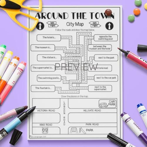Around The Town City Map Activity ESL Worksheet For Kids