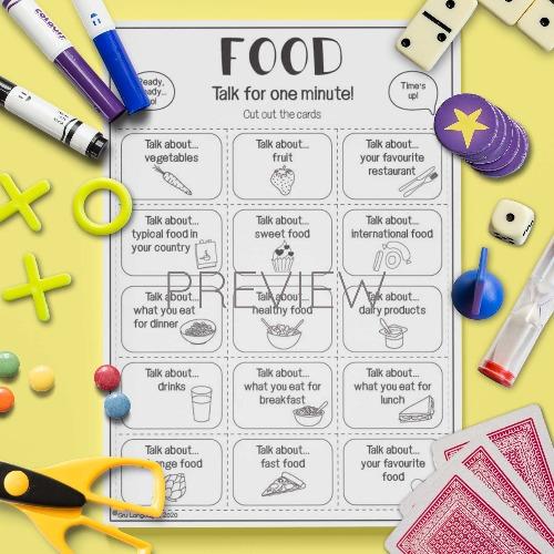 Food Talk For A Minute Card Game ESL Worksheet For Kids