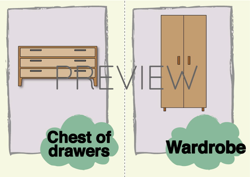 Chest of Drawers and Wardrobe Flashcard Gru Languages