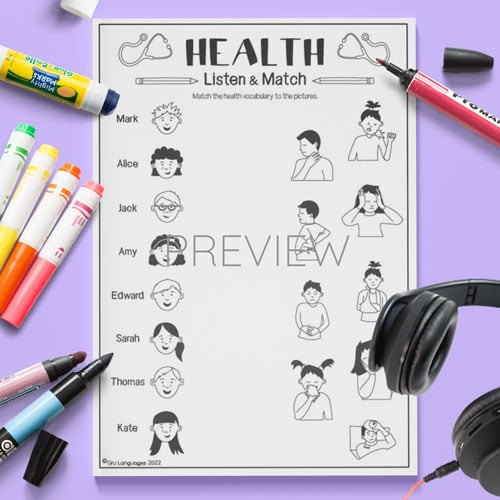 Health Listen & Match Fun ESL Worksheet For Kids