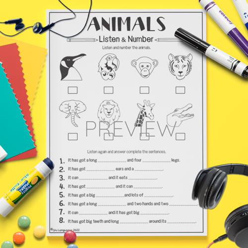 Wild Animals Listen & Number Fun ESL Worksheet For Kids