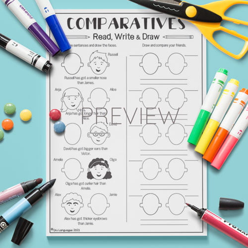 Comparatives Read, Write & Draw ESL Worksheet For Kids