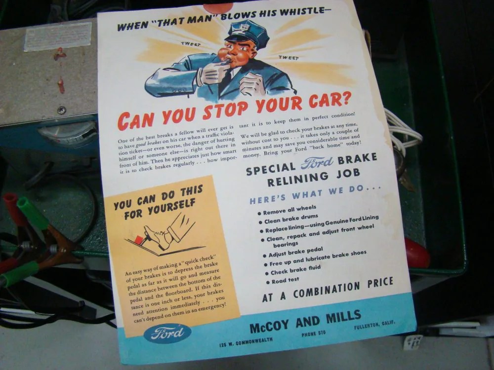 McCoy And Mills Ford Special Brake Relining Mailer, 1946 Vintage Ford Parts, Music & Collectibles