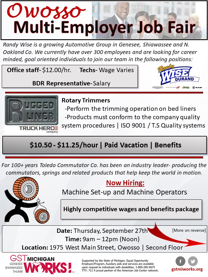 Owosso MultiEmployer Job Fair GST Michigan Works!