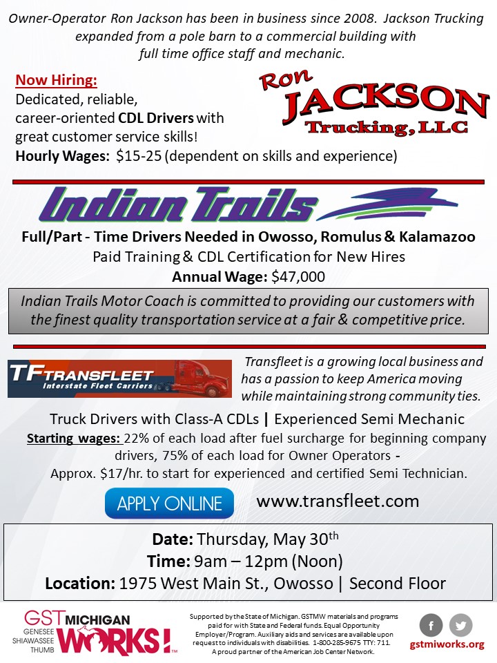 Owosso Transportation MultiEmployer Job Fair GST Michigan Works!
