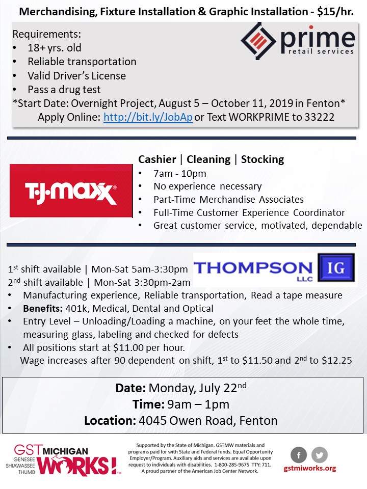 Fenton MultiEmployer Job Fair GST Michigan Works!