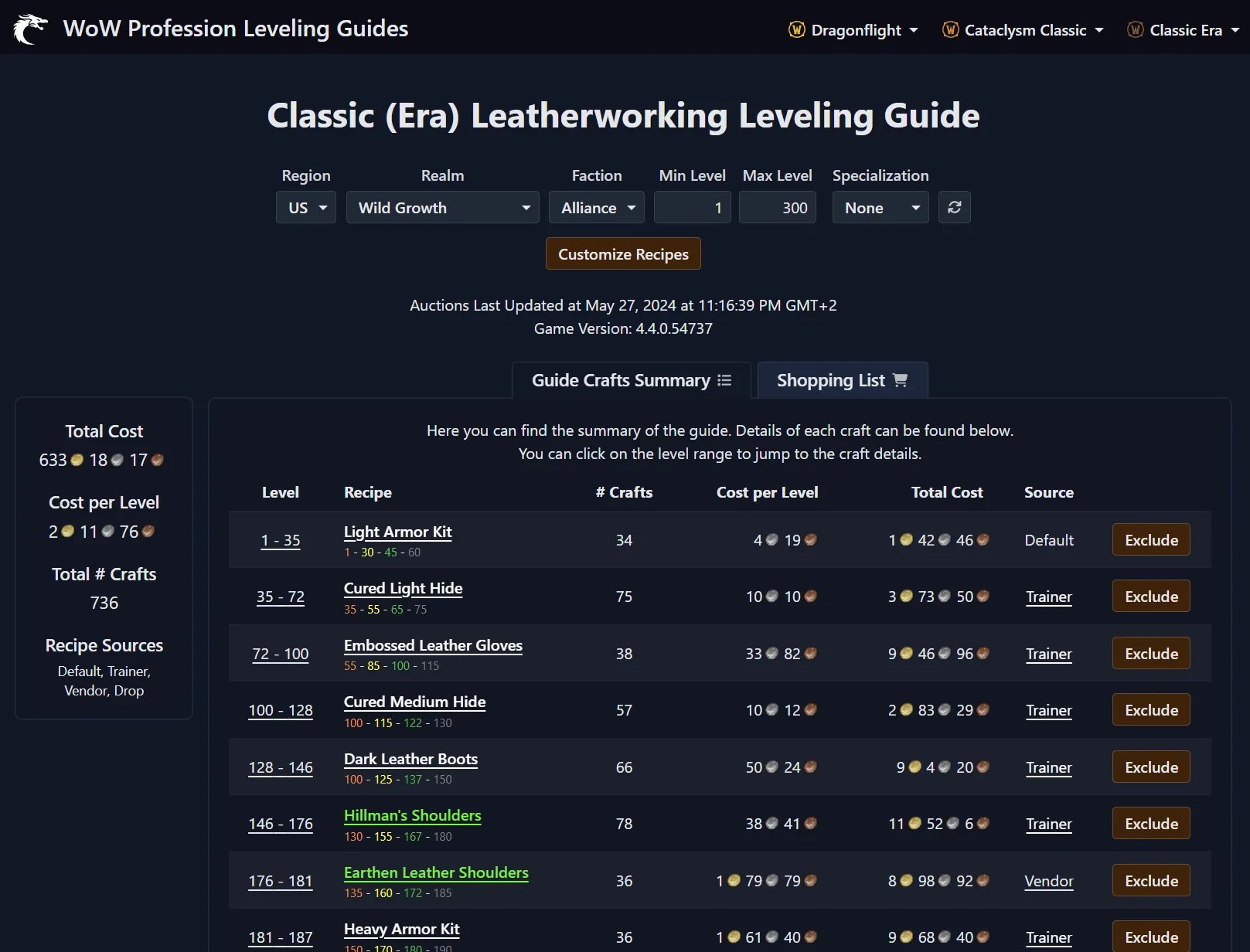 WoW Classic Leatherworking Leveling Recipes