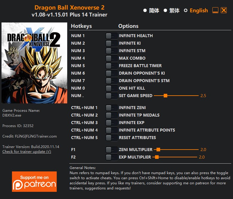 Dragon Ball Xenoverse 2 Trainer (+14) [1.021.05] {FLiNG} Download