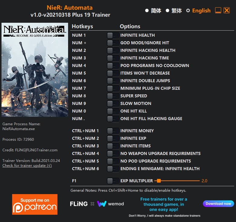 NieR Automata AS GODS Edition Trainer +19 v1.0v20210318
