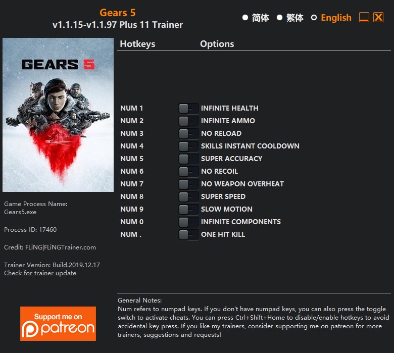 Gears 5 Trainer +11 v1.1.15v1.1.97 [Offline mode only] {FLiNG
