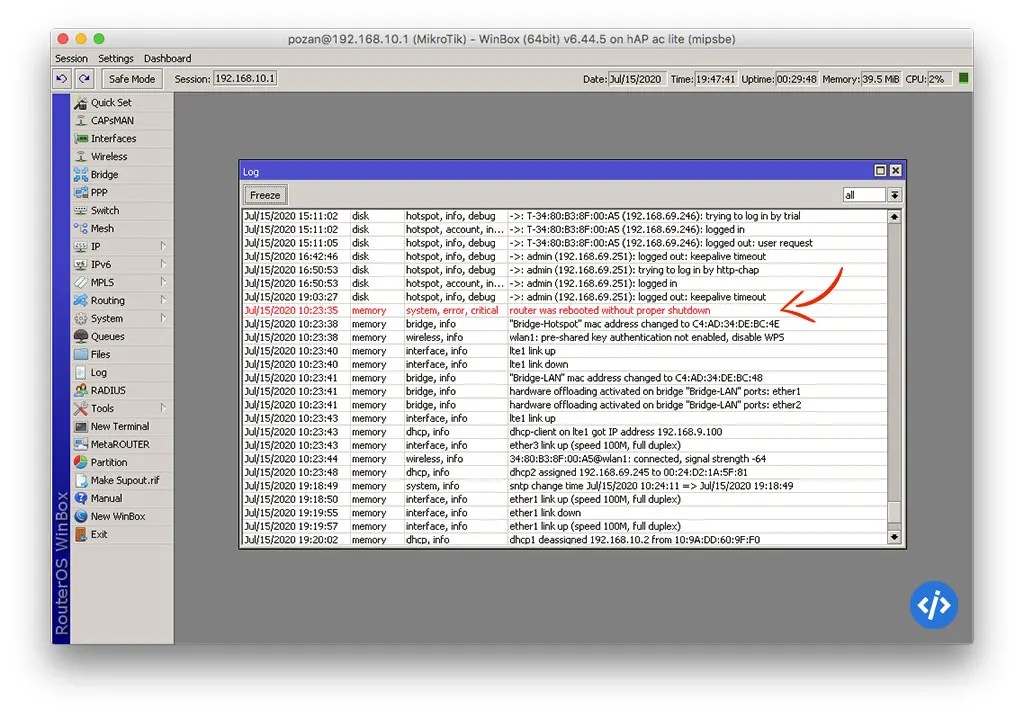 Mikrotik system error critical router was rebooted without proper shutdown InsertApps