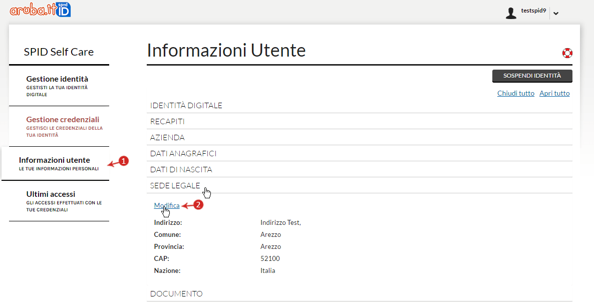 Modifica indirizzo Sede Legale ARUBA ID Guide pec.it