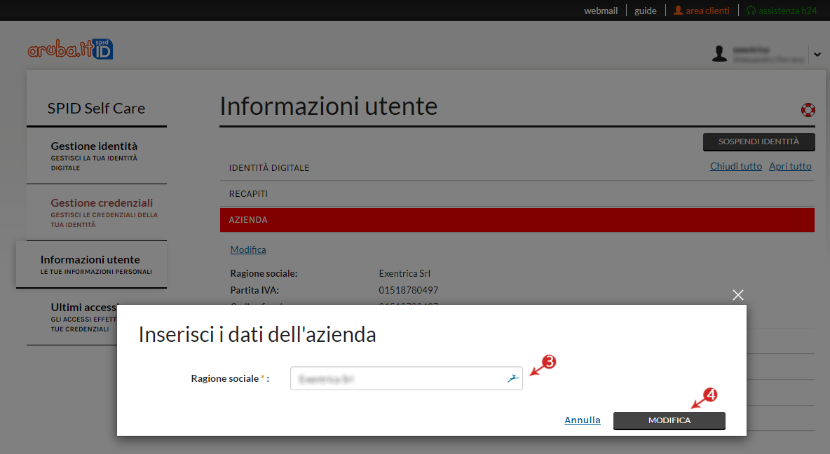 Modifica Ragione Sociale ARUBA ID Guide pec.it