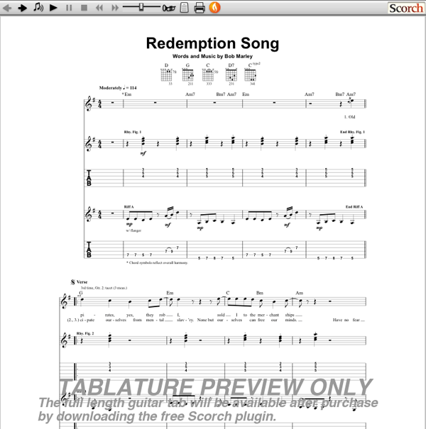 Bob Marley Redemption Song Guitar Tab