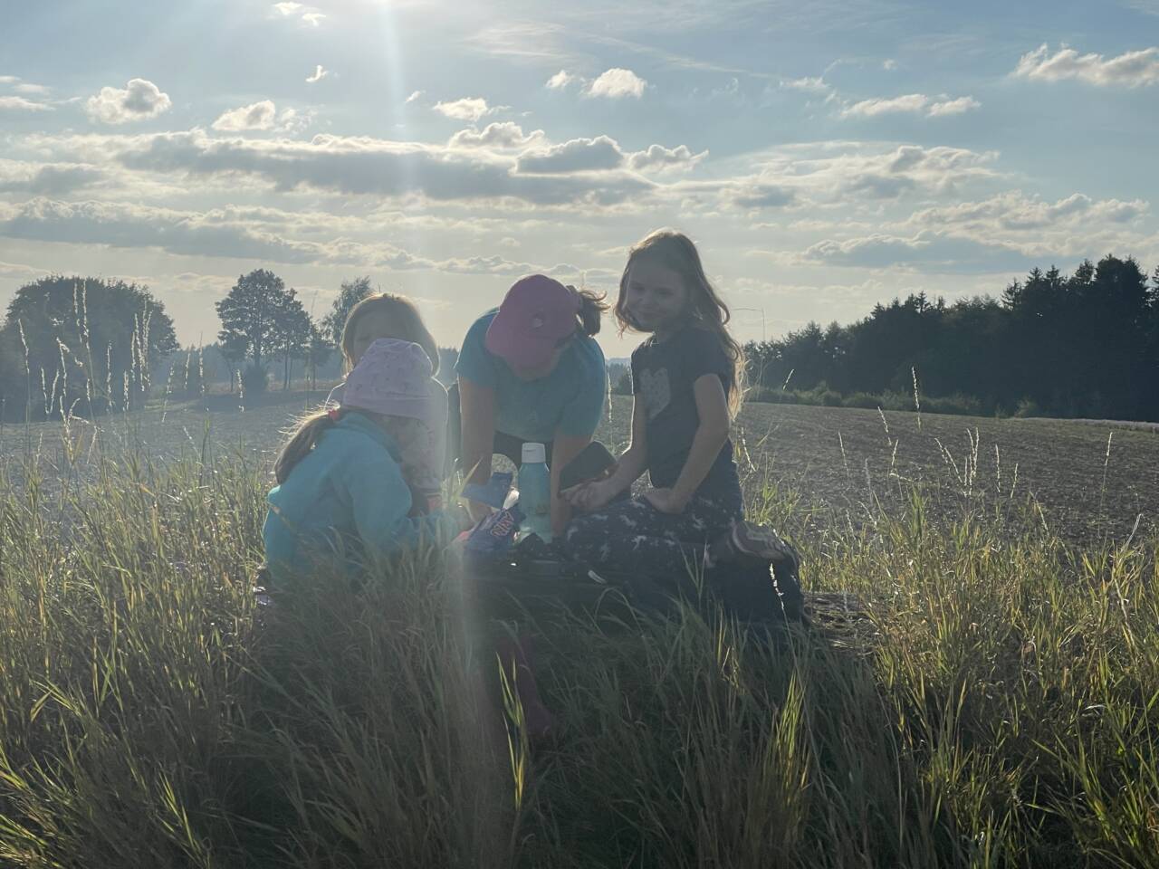 Kinder beim kartoffel ausgraben auf dem Feld.