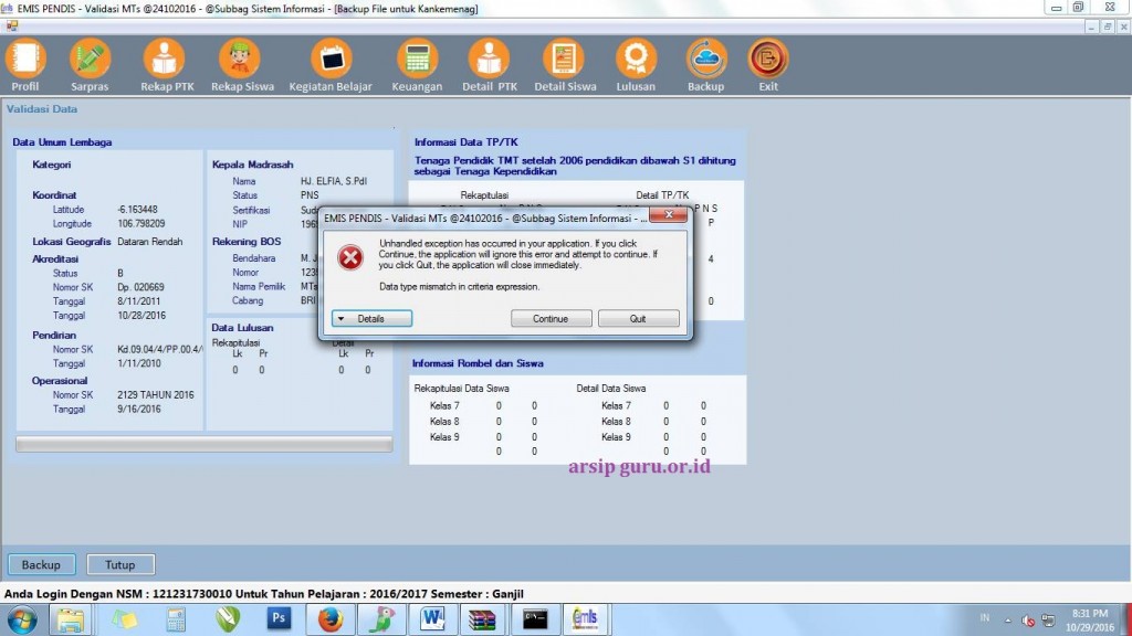 Error Aplikasi EMIS Data Type Mismatch in Criteria