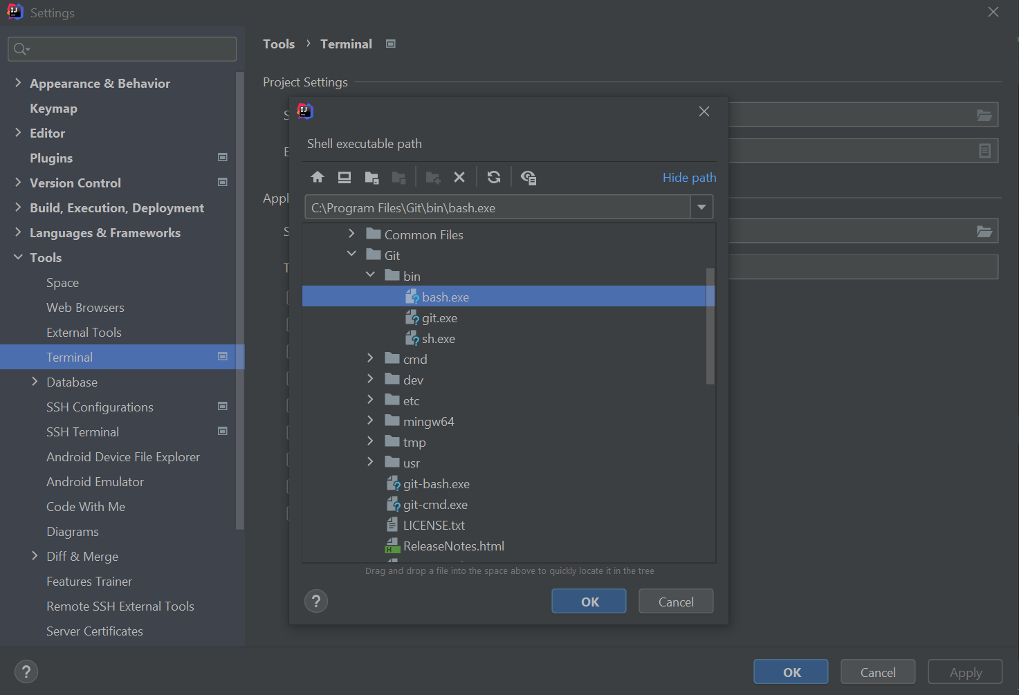 Change Intellij terminal to gitbash Home