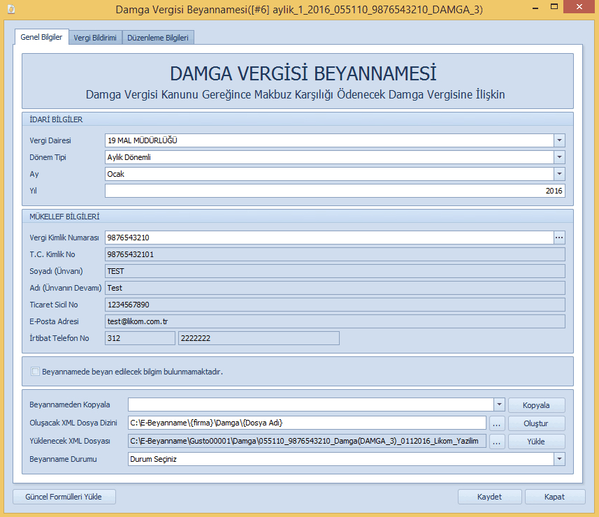 Likom eBeyanname > Likom eBeyanname Kullanımı > Damga Vergisi Beyannamesi