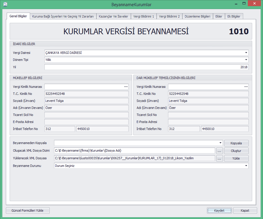 Likom eBeyanname > Likom eBeyanname Kullanımı > Kurumlar Vergisi Beyannamesi