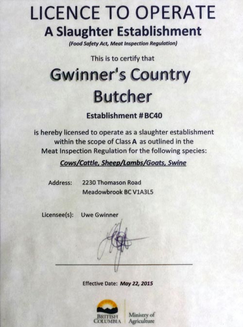 We are now a Licensed Slaughter Facility Gwinner’s Country Butcher