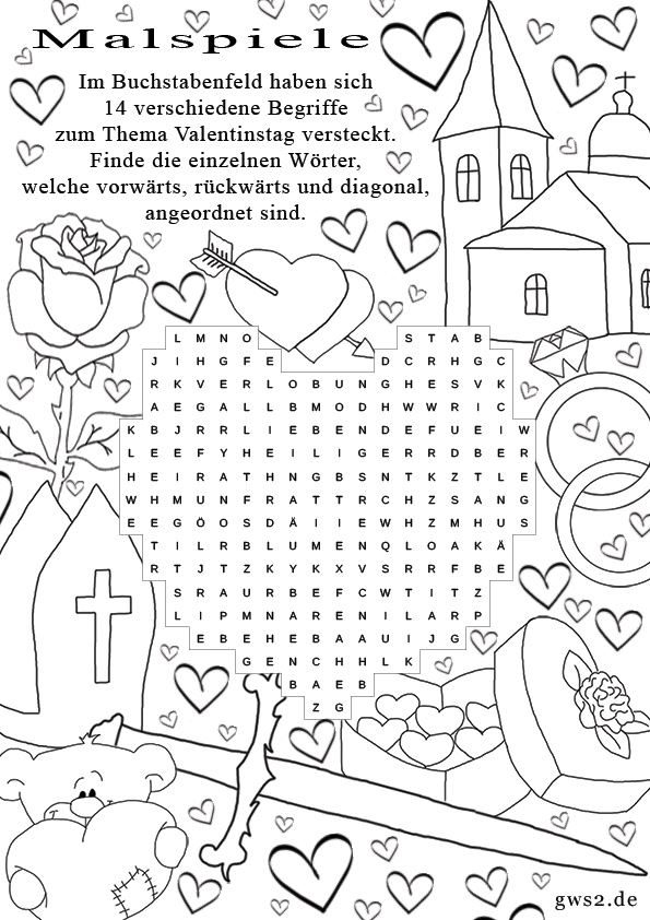 Valentinstag Malspiele und Rätsel für Kinder