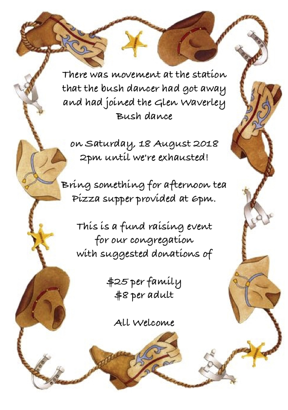 Bush dance invite Glen Waverley Uniting Church