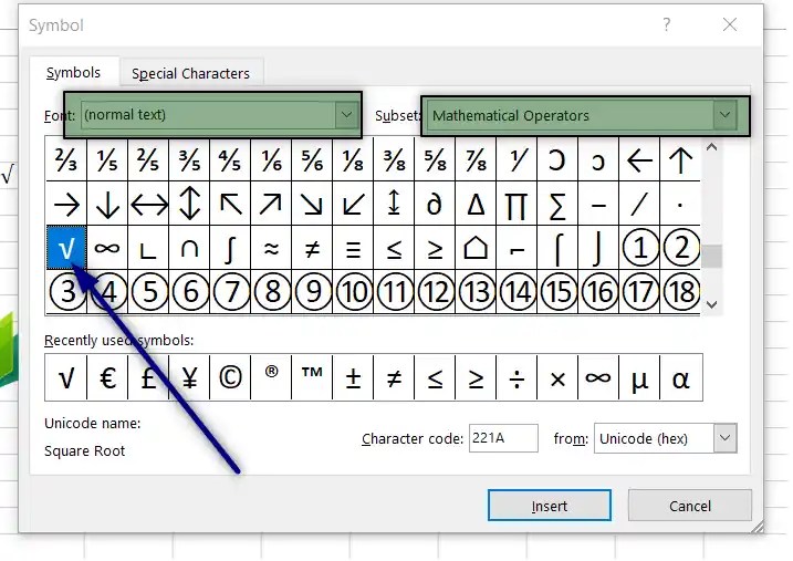Five easy ways to add Squareroot(√) symbol in Excel with Examples.