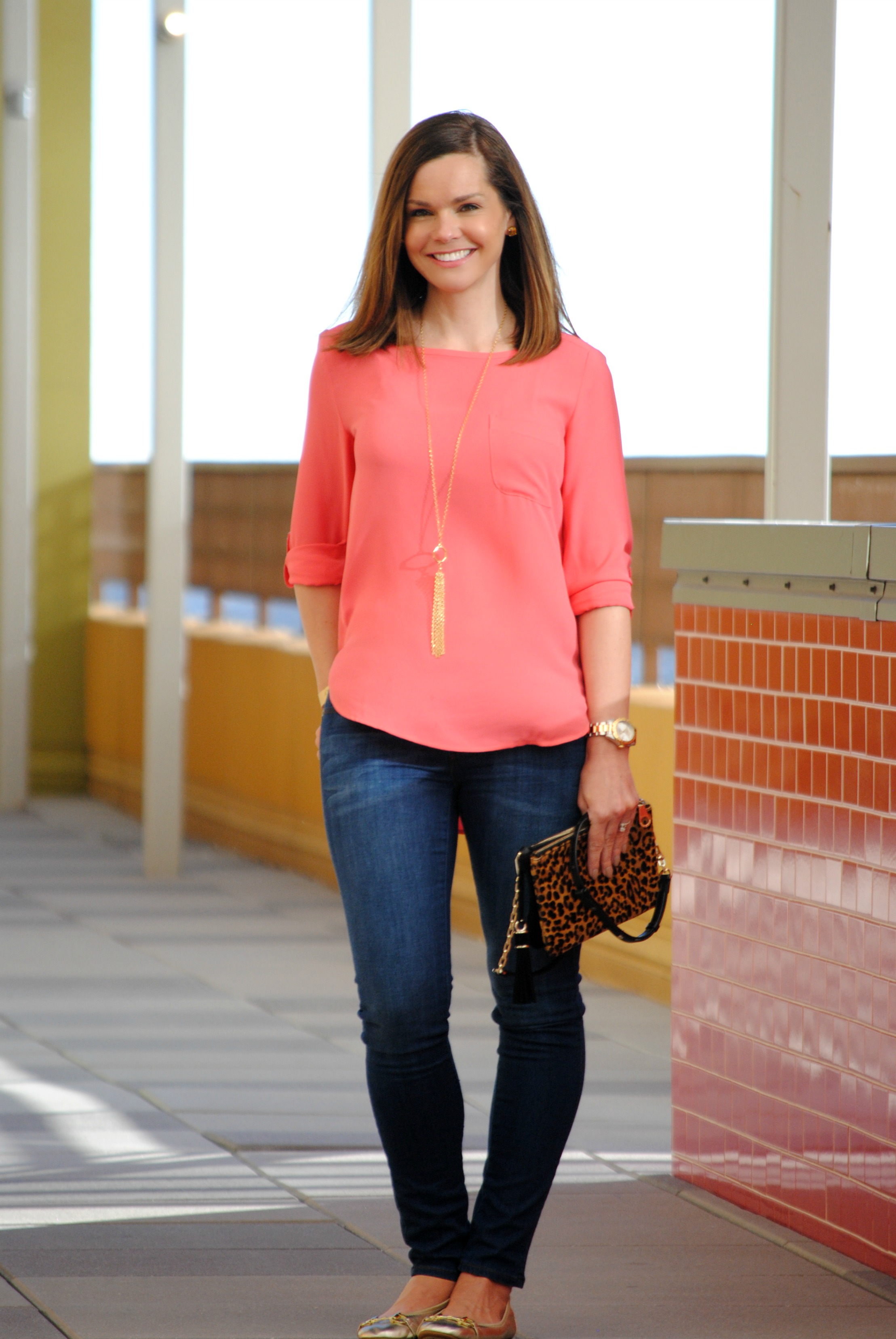 coral blouse outfit