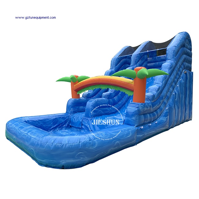 Commerical 5.5m tall blue Inflatable palm tree water slide with pool