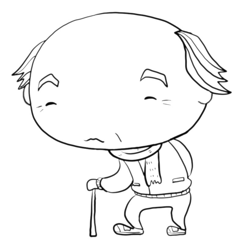 冬、マフラー巻いて散歩する杖をついた男性の老人（おじいちゃん）（塗り絵）｜かわいい無料イラスト素材（商用利用可）