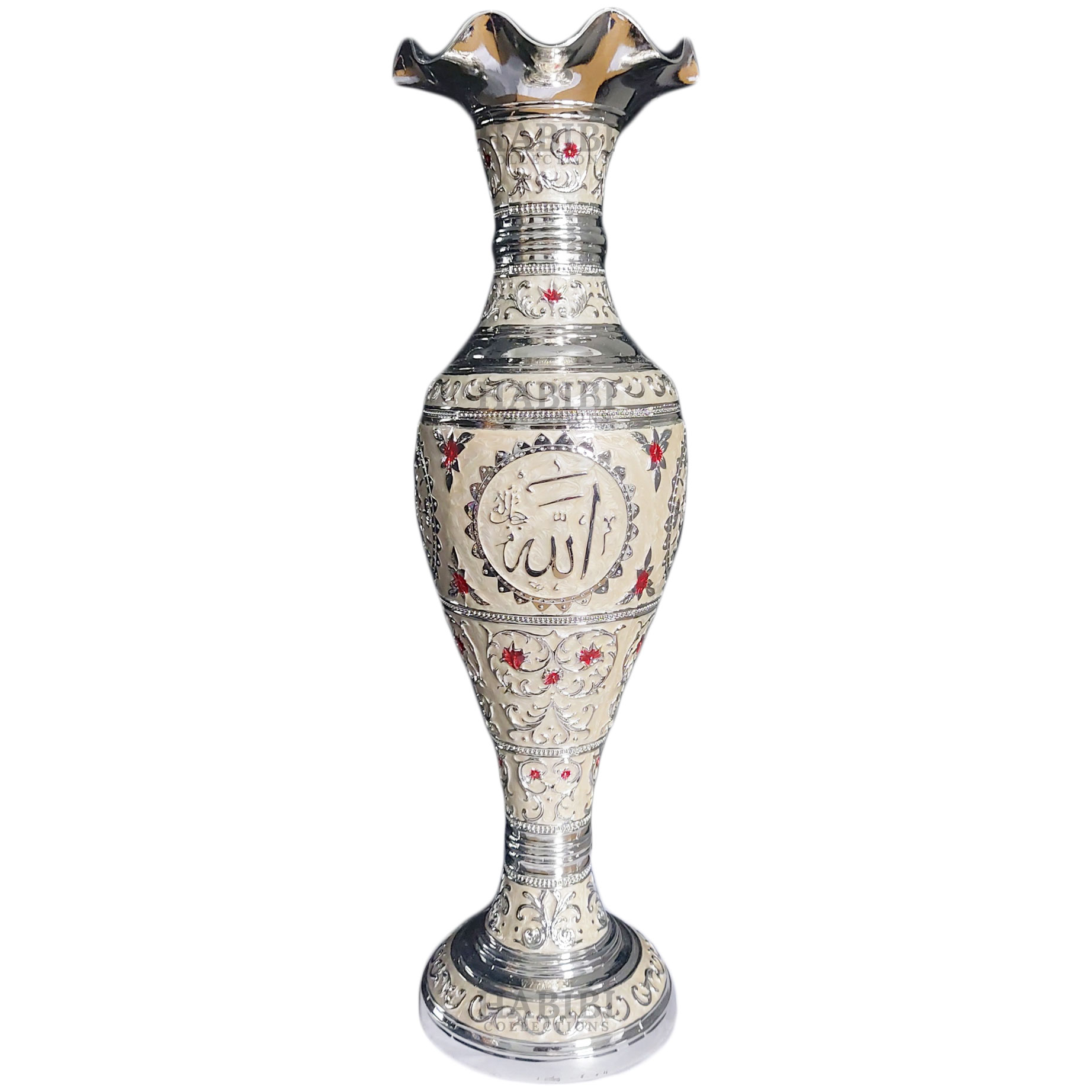 Large Islamic Floral Flower Vase with Allah Silver/Off White Habibi