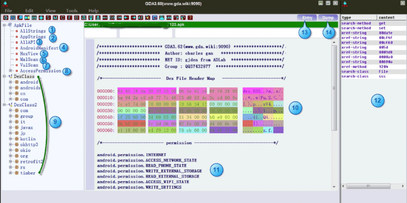 GDA Android Reverse Engineering APK file