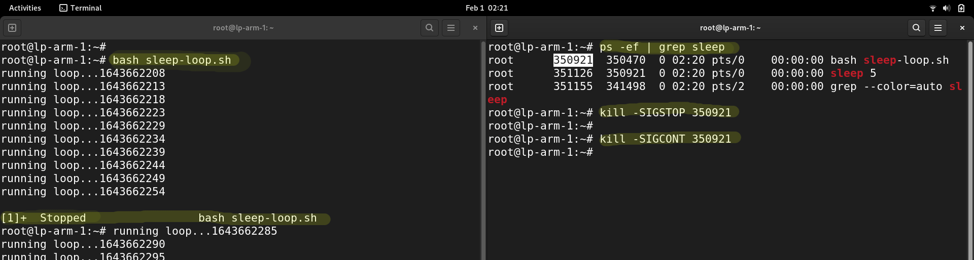 stop(kill SIGSTOP) current running process and start(kill