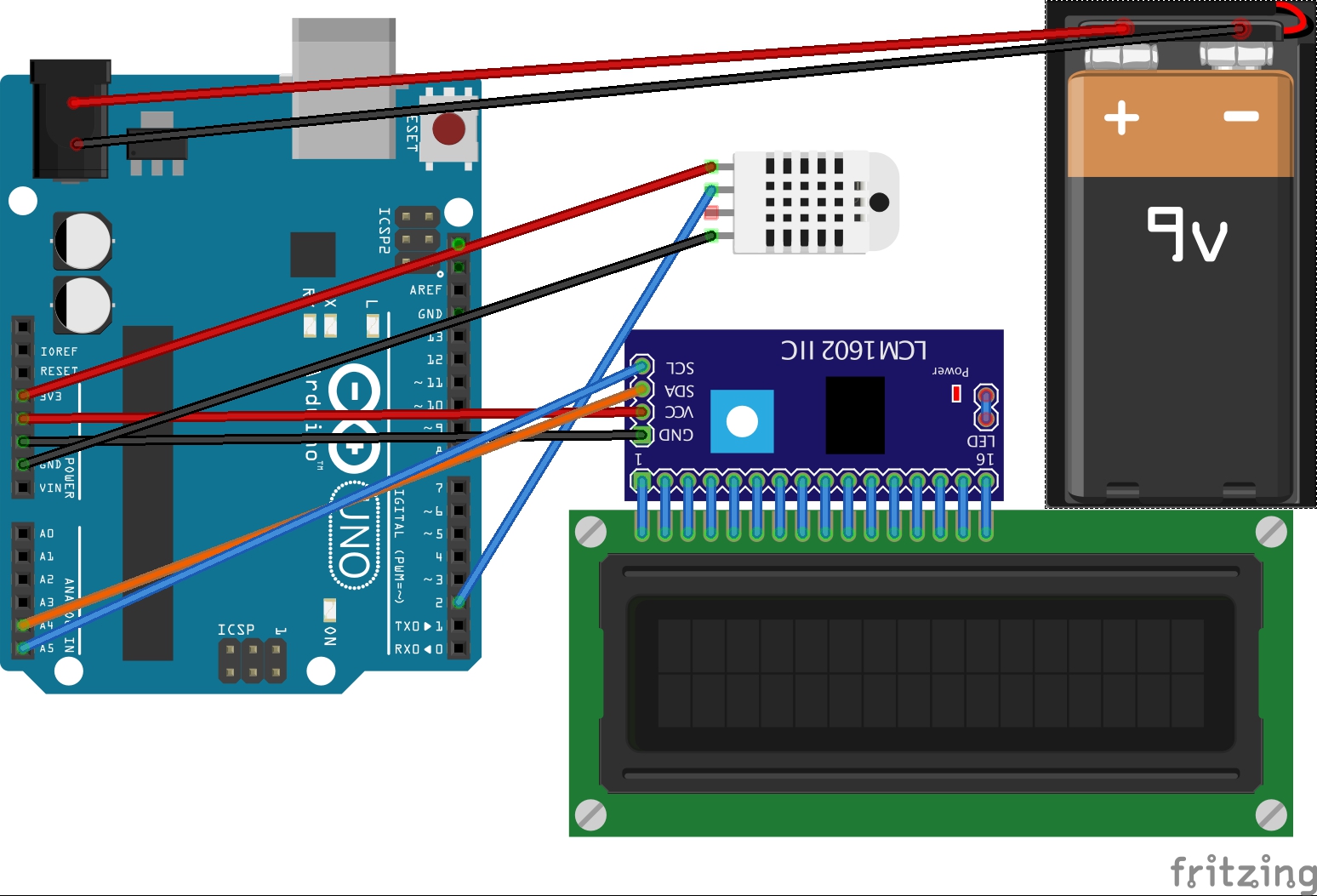 Temperature Monitor with DHT22 and I2C 16x2 LCD Hackster.io