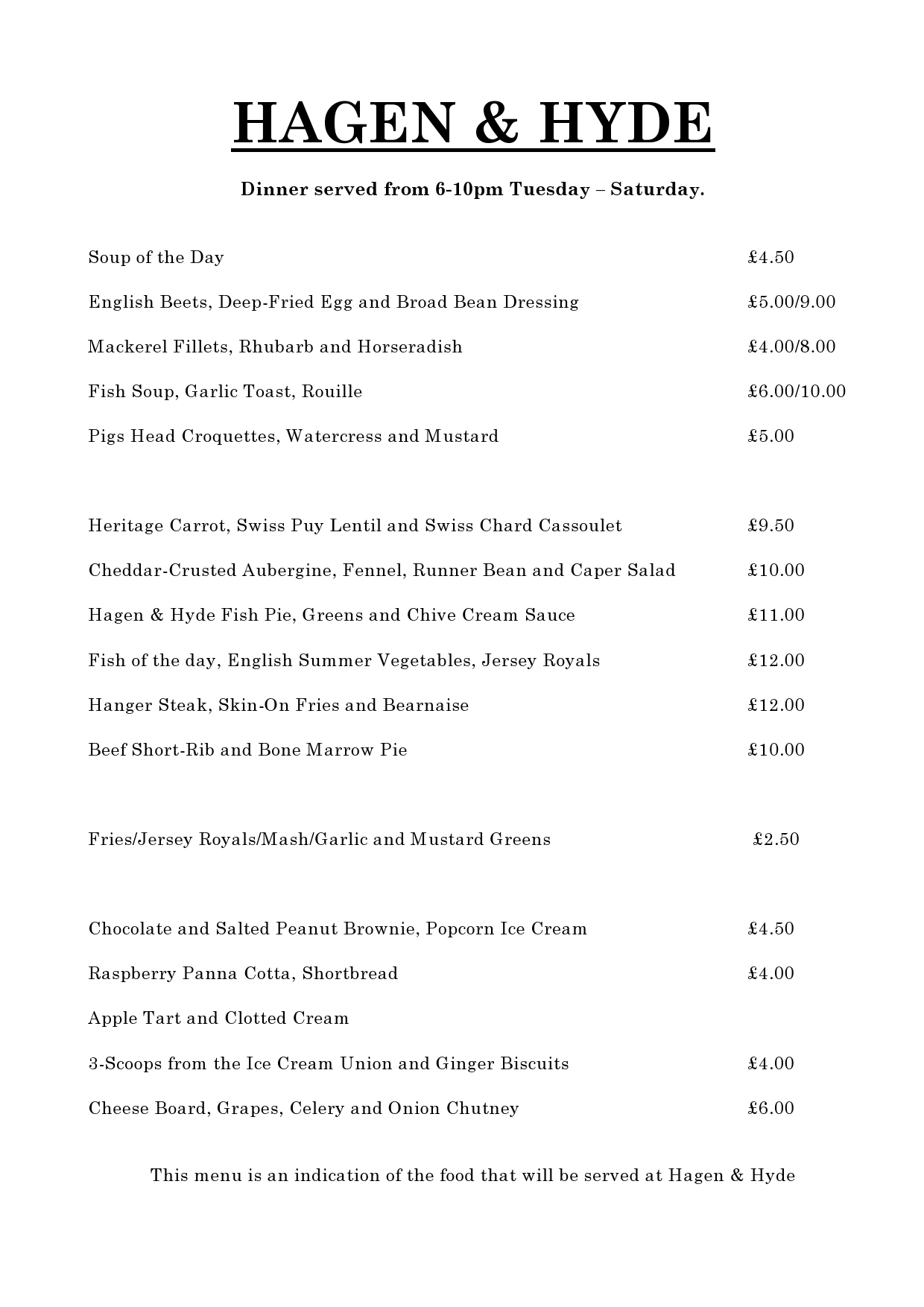 Hagen Example Menu Hagen & Hyde