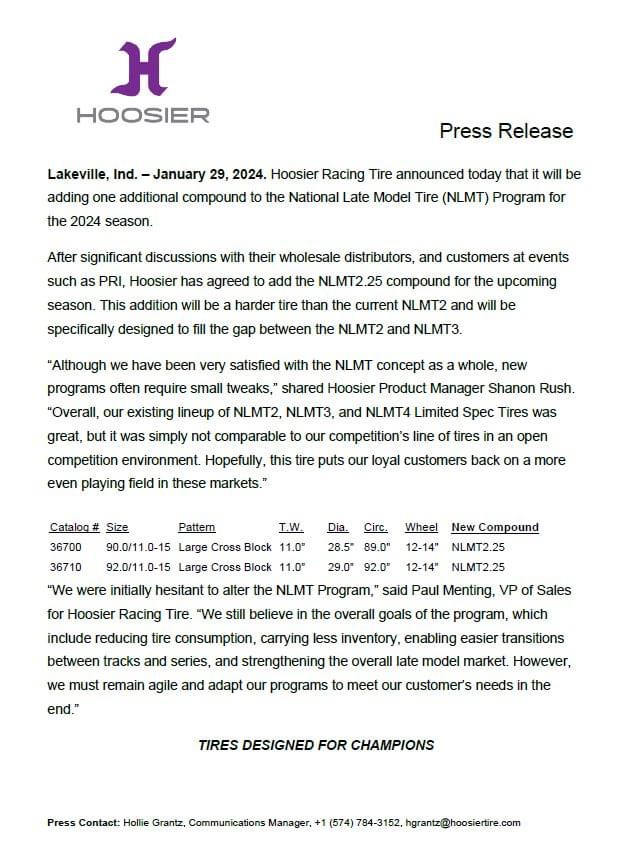 HOOSIER ADDS ADDITIONAL TIRE TO NLMT PROGRAM Hagerstown Speedway