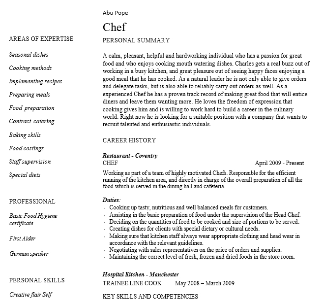 9+ Chef Resume Template Template Creator
