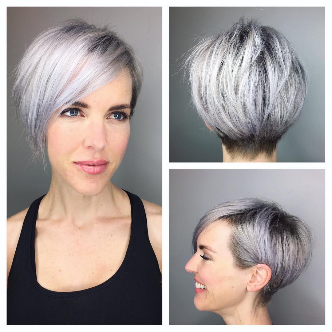 Confidence is key when rocking a pixie cut. Graduated Silver Textured Pixie with Side Swept Bangs and ...