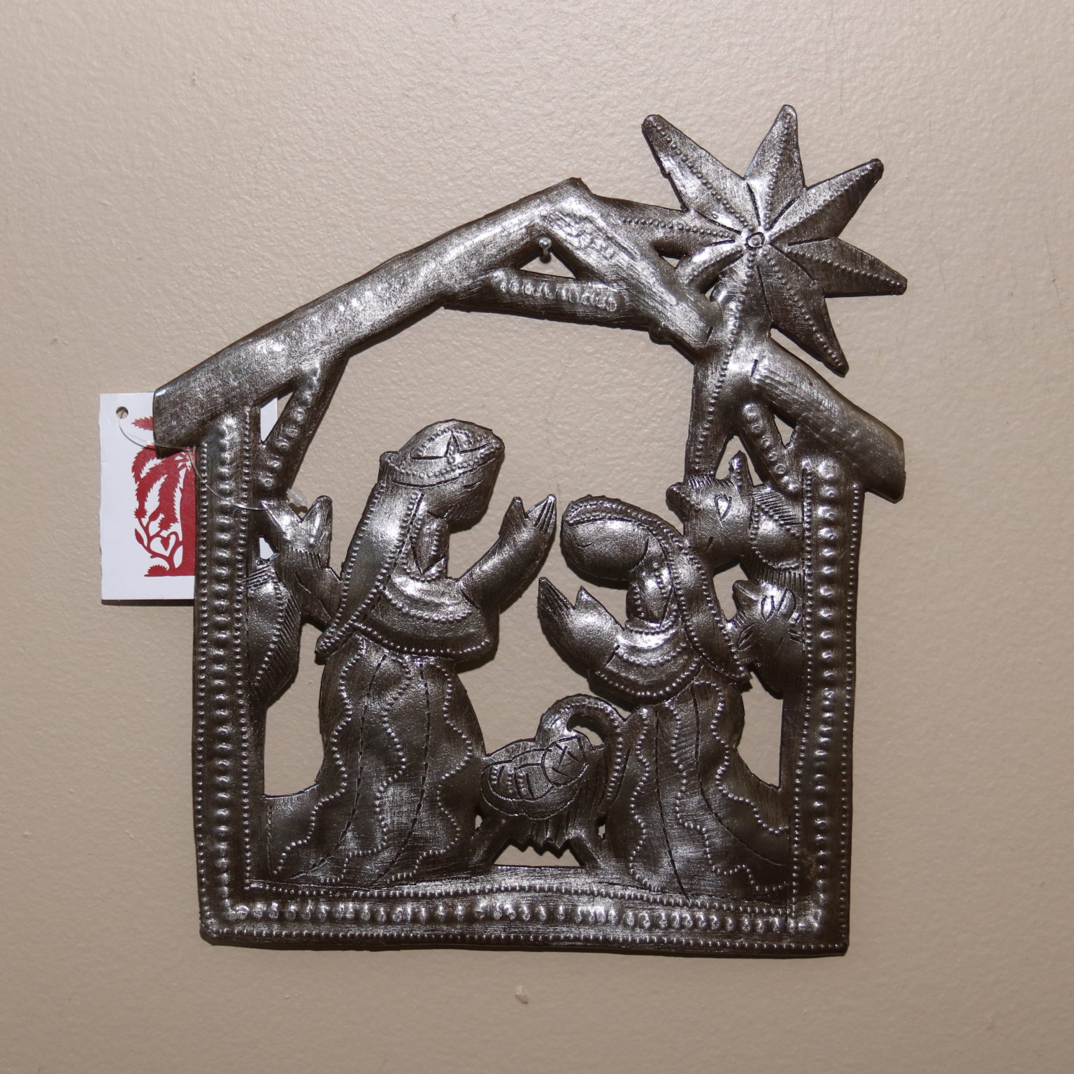 Stained Haitian Hand Crafted Cut Metal Wall Art Of Small Nativity With
