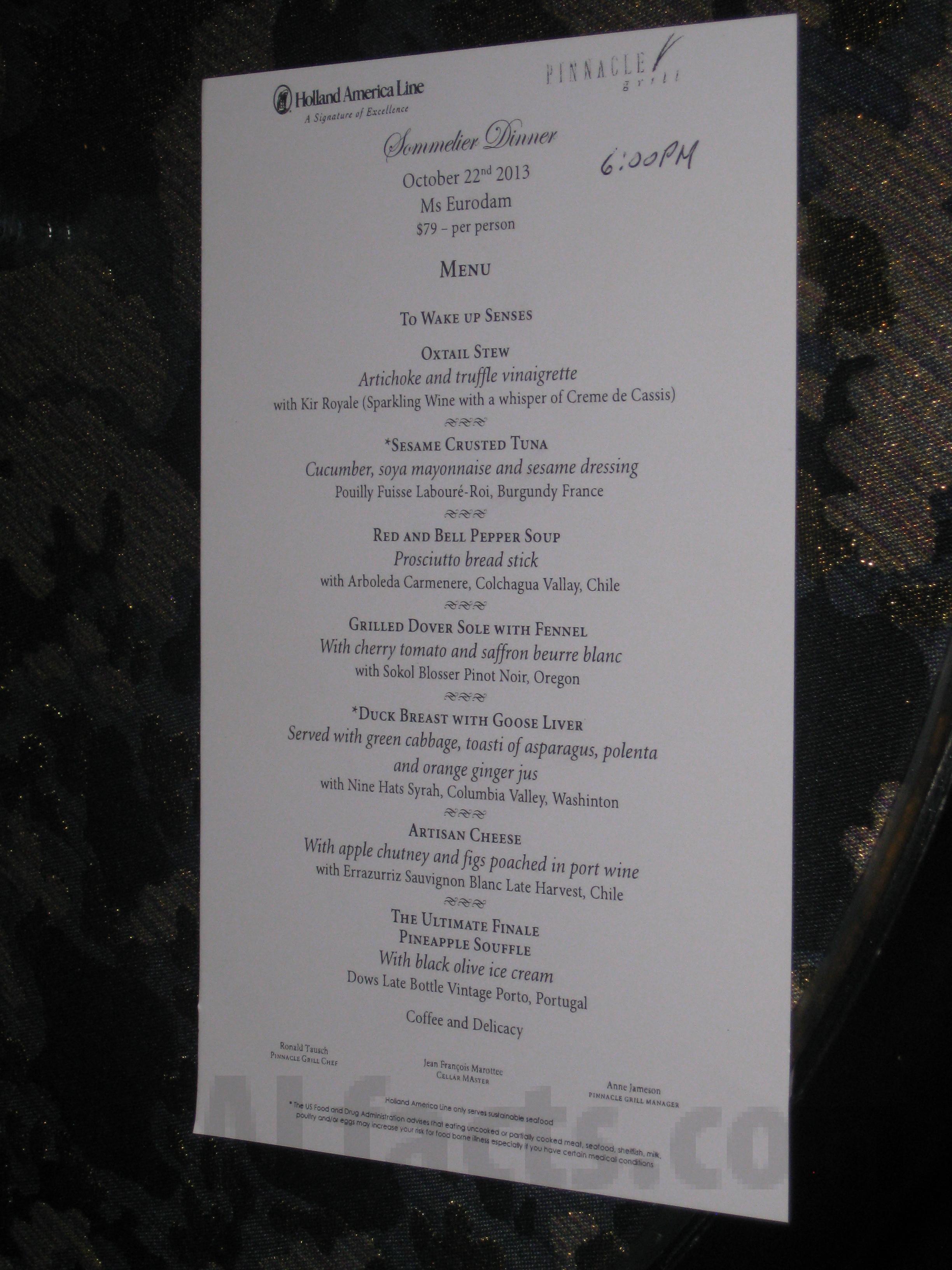 Eurodam Sommelier Dinner Menu October 2013 HAL Cruiser Information