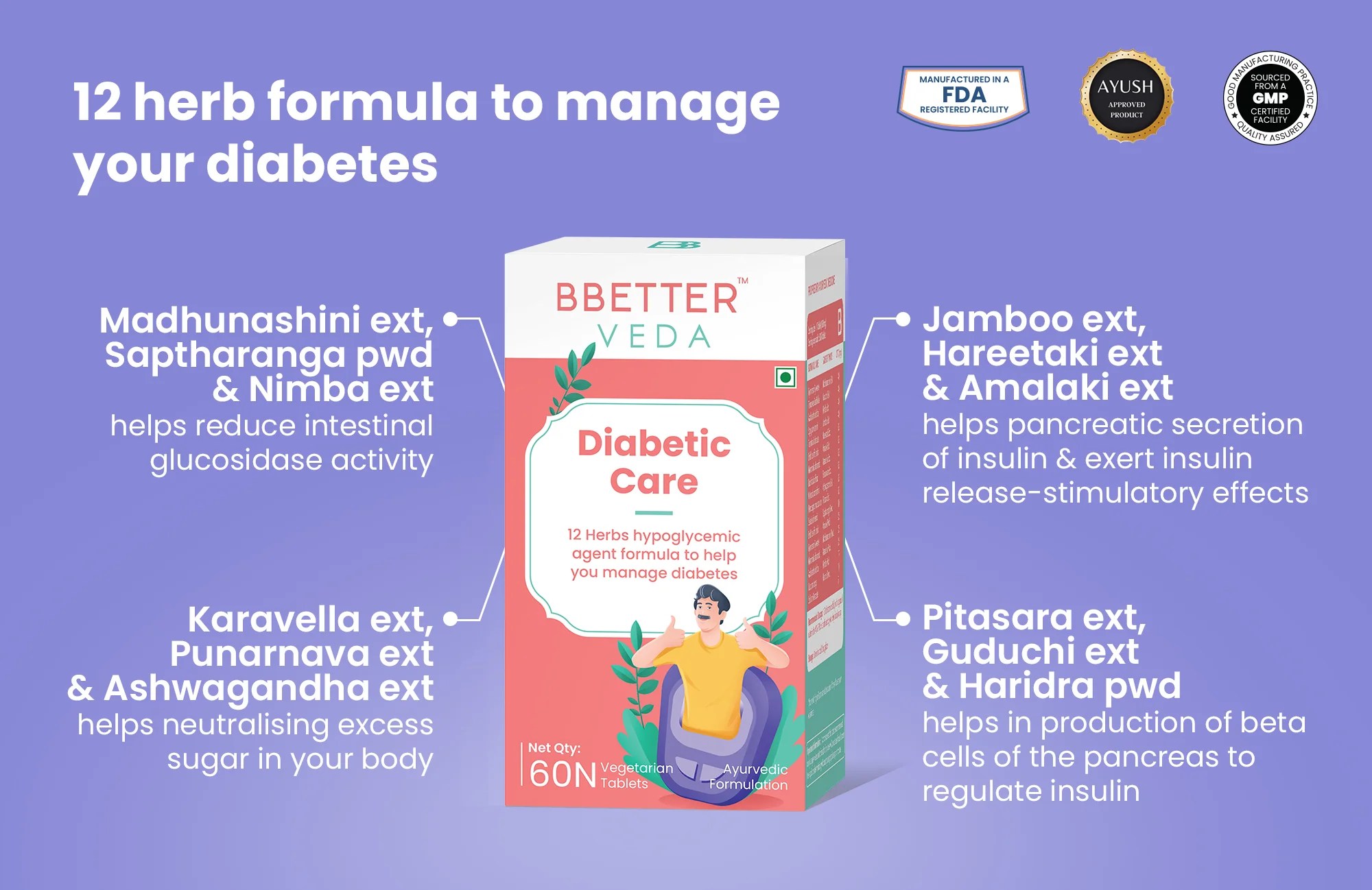 BBetter Diabetic Care 12 Herb Supplement I 60 Veg Capsules