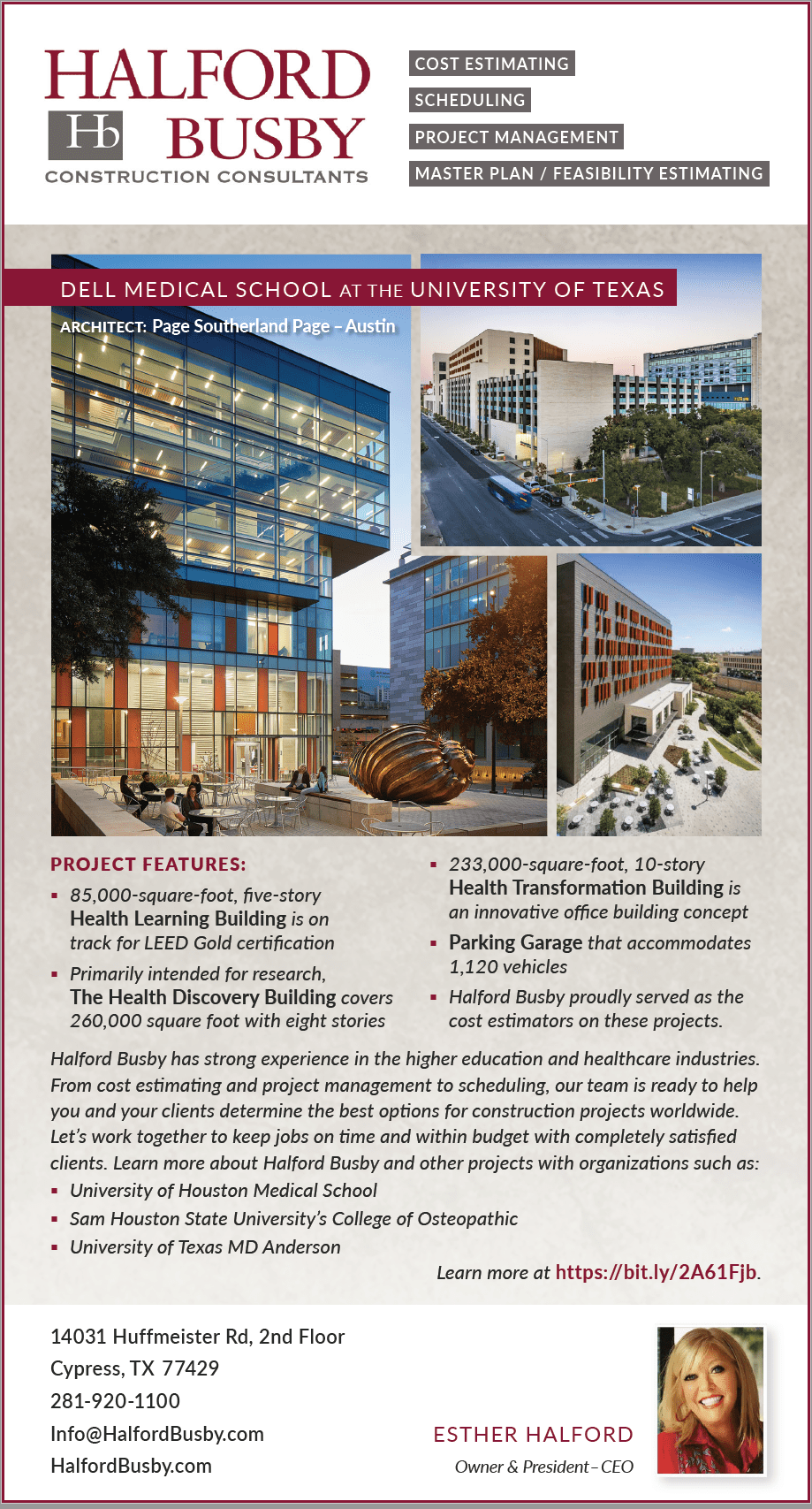 Halford Busby Ad on Construction Estimating with Dell Medical School