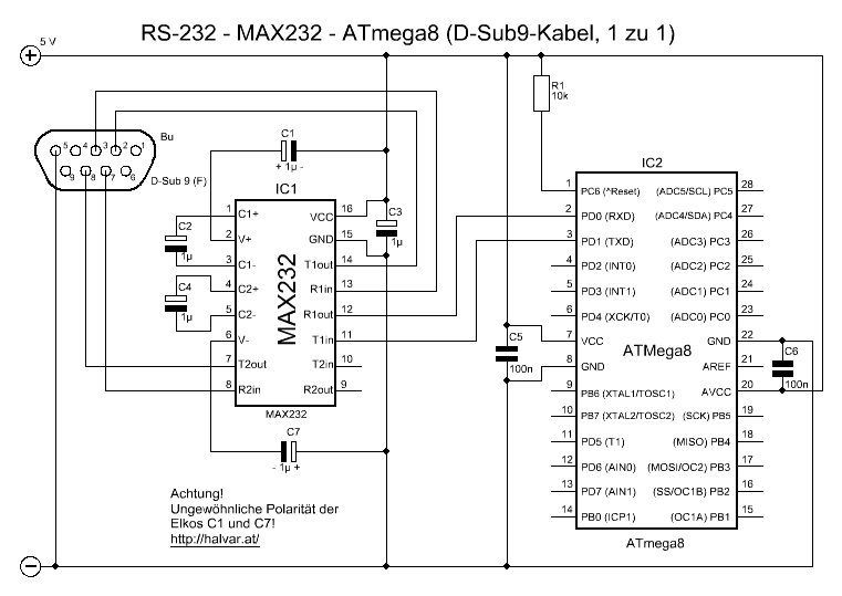Kleiner AVR Kurs RS232 MAX232 ATmega8 (über 1 zu 1 Kabel) Gerold Penz