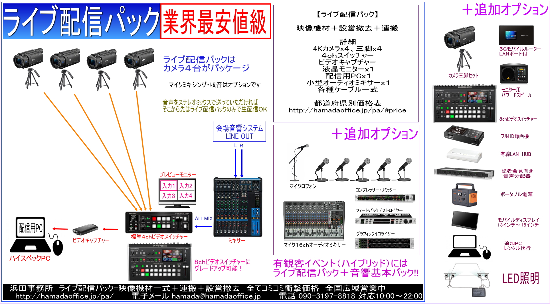 Allinone PA★音響機材レンタル ライブ配信代行 LED照明 衝撃価格！全てコミコミ⇒機材一式+運搬+設営撤去+オペレーター