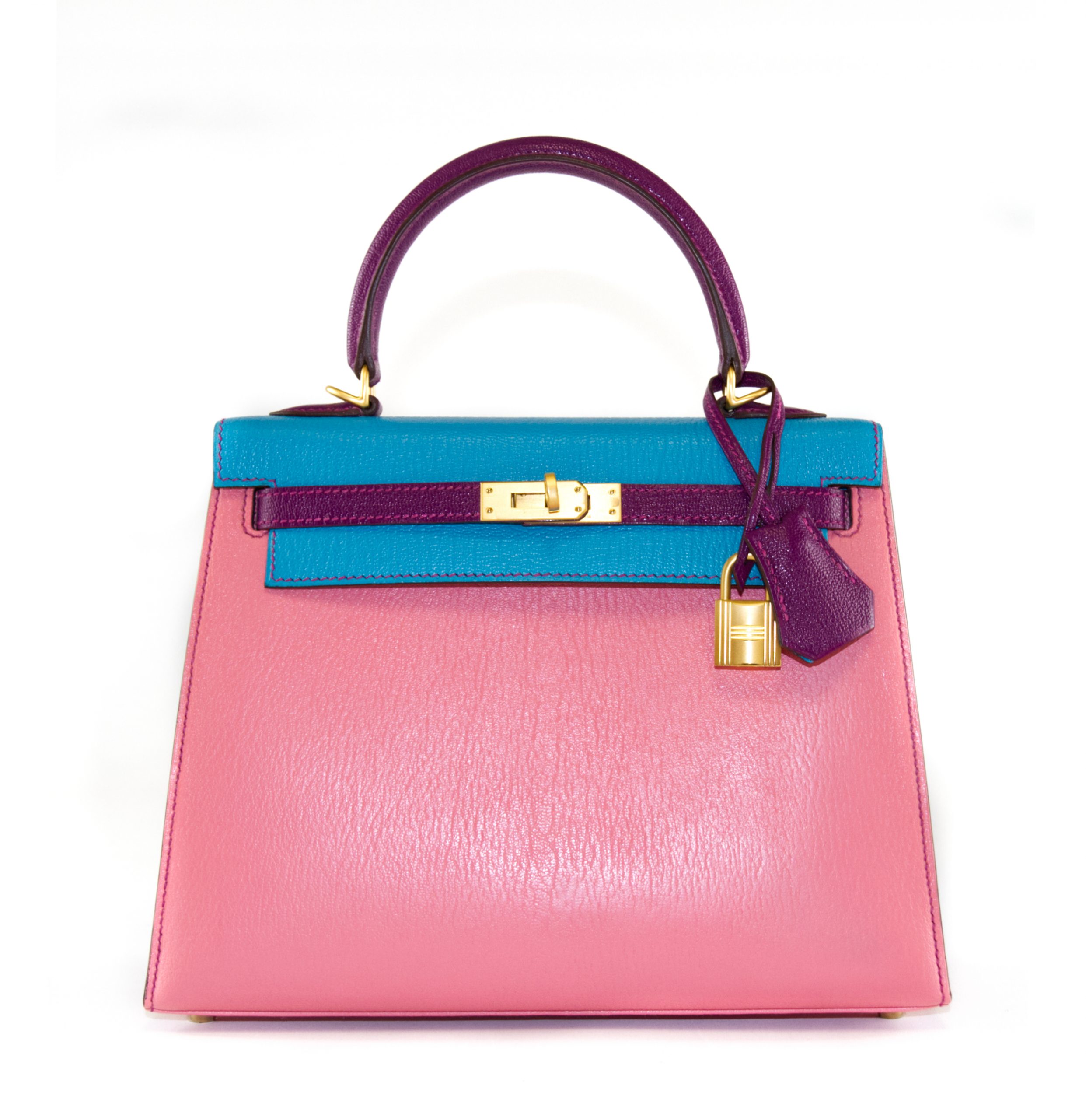 Hermès Kelly 25 HSS (Horseshoe Stamp) Chevre Mysore Rose Confetti/Anemone/Blue Aztec Gold HW